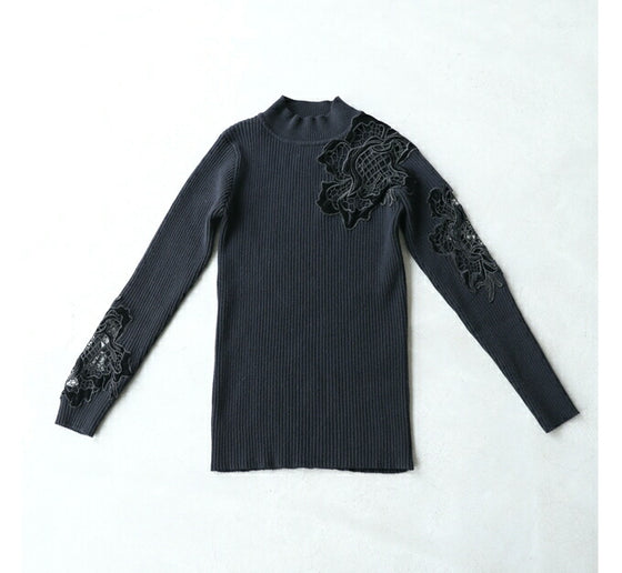 お出かけ用。花カットレースの格上げリブニットニットトップス