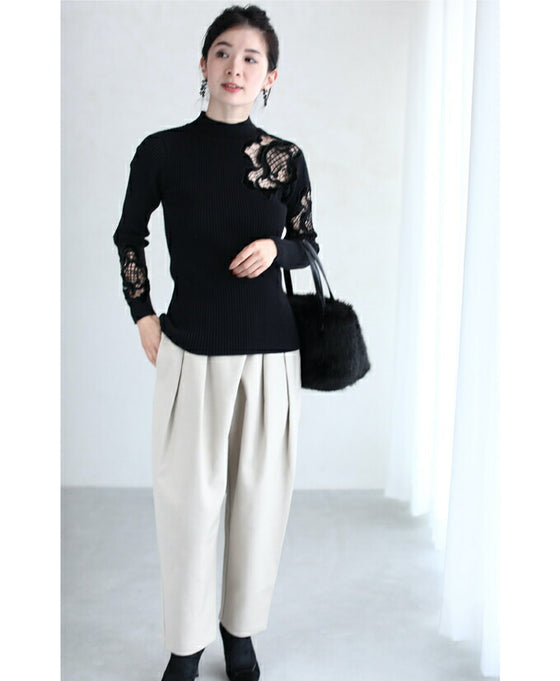 お出かけ用。花カットレースの格上げリブニットニットトップス