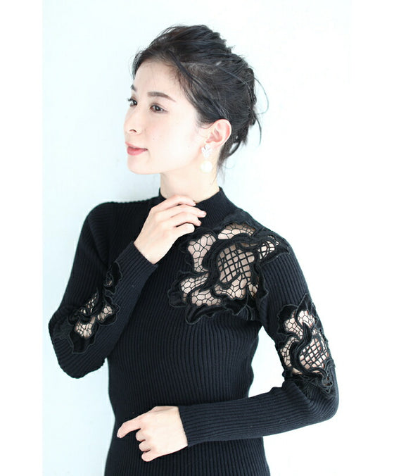 お出かけ用。花カットレースの格上げリブニットニットトップス