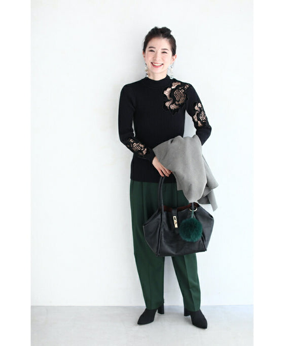 お出かけ用。花カットレースの格上げリブニットニットトップス