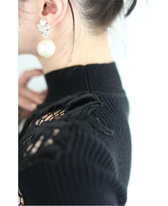 お出かけ用。花カットレースの格上げリブニットニットトップス