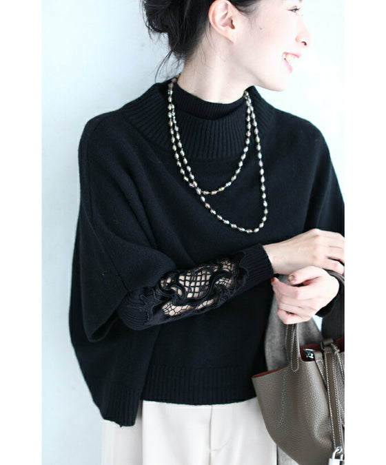 お出かけ用。花カットレースの格上げリブニットニットトップス