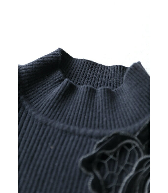 お出かけ用。花カットレースの格上げリブニットニットトップス