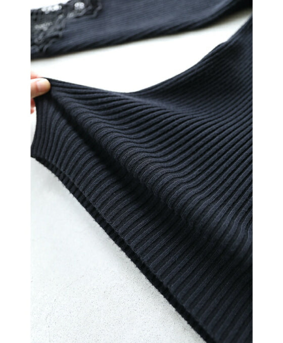 お出かけ用。花カットレースの格上げリブニットニットトップス