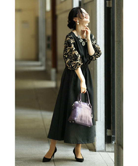 Black tuck dress with floral lace sleeves (black)