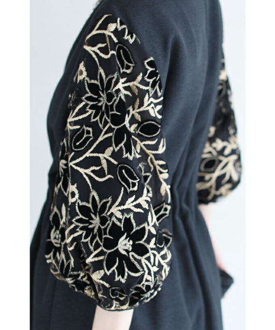 Black tuck dress with floral lace sleeves (black)