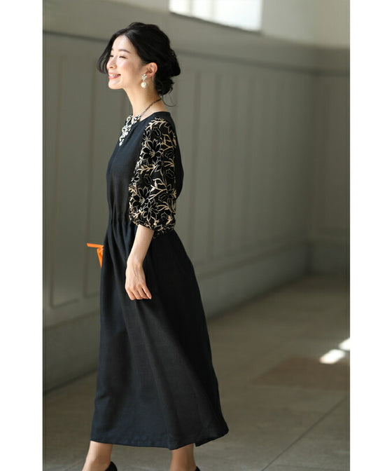 Black tuck dress with floral lace sleeves (black)