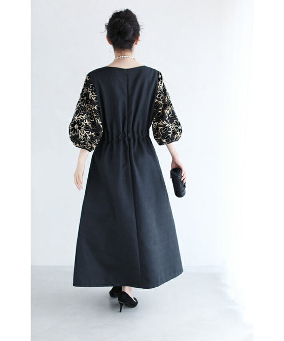Black tuck dress with floral lace sleeves (black)