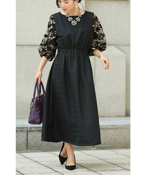 Black tuck dress with floral lace sleeves (black)