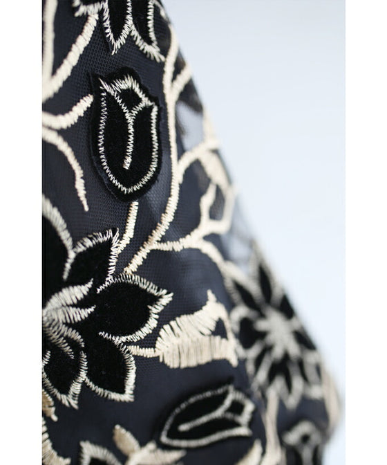 Black tuck dress with floral lace sleeves (black)