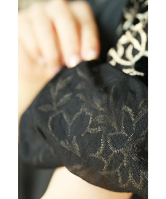 Black tuck dress with floral lace sleeves (black)