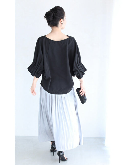 【セール商品返品交換不可】ふっくら花つぼみ袖のドルマンブラウストップス