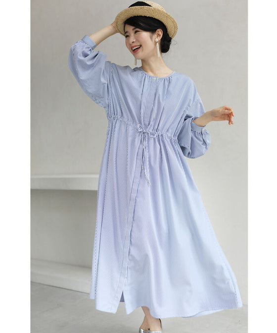 （S~3L対応）爽やかな風吹くゆったり楽ちんストライプロングワンピース