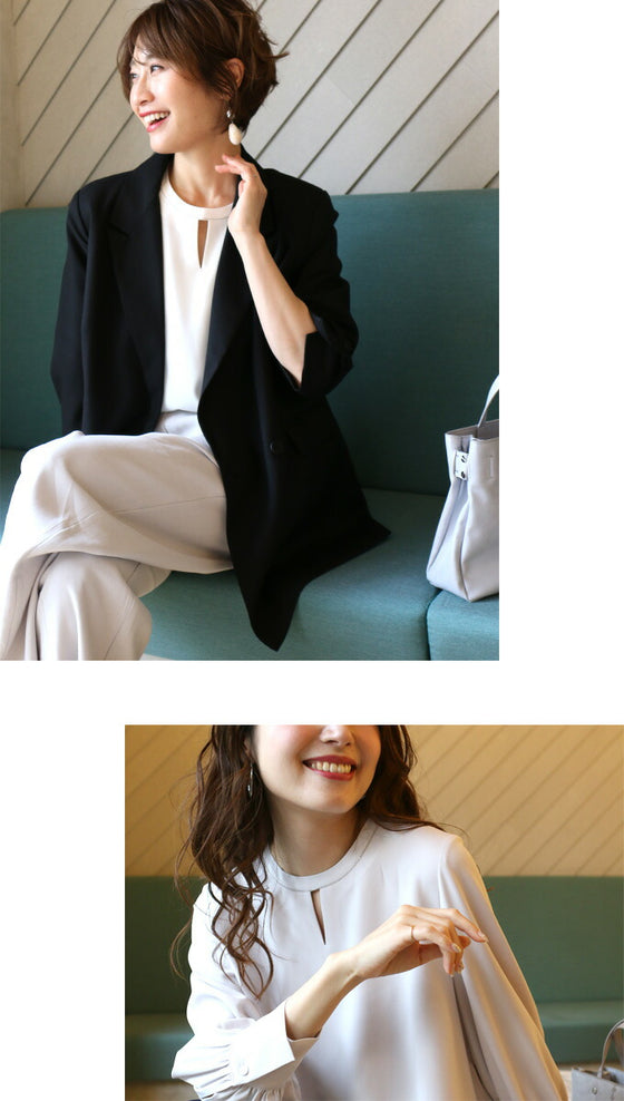 シンプルじゃ物足りない華やかで上品なキーネックブラウス