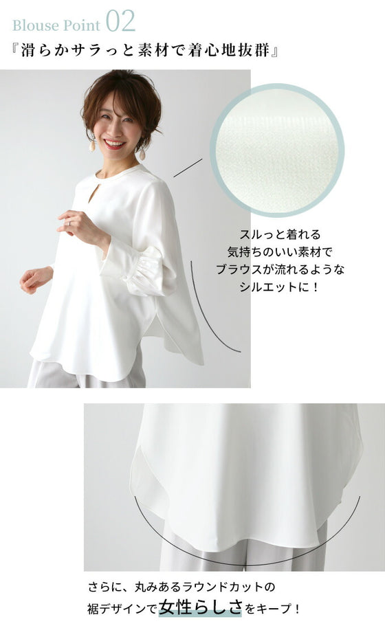 シンプルじゃ物足りない華やかで上品なキーネックブラウス