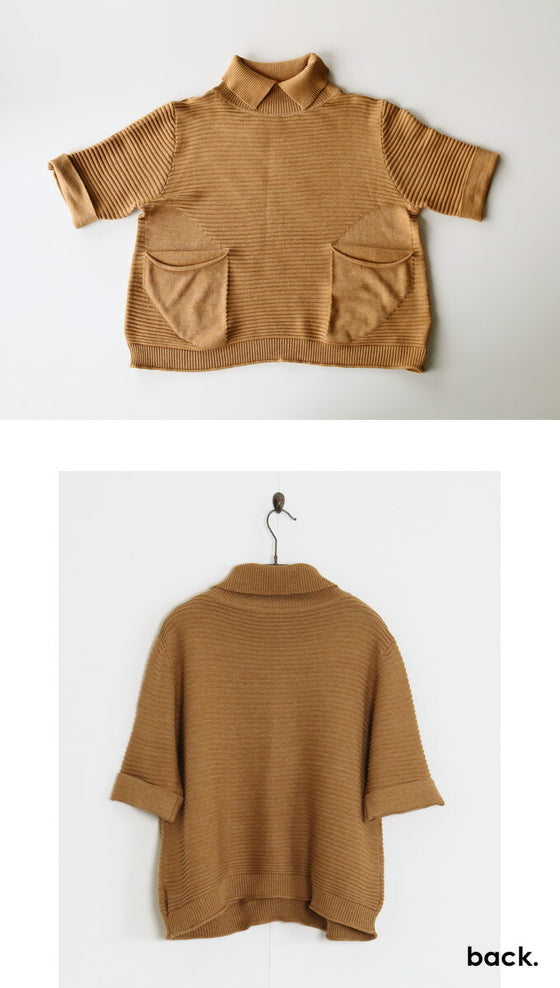 【セール商品返品交換不可】重ね着、着回し、使いやすい。襟付きハーフスリーブニット『キャメル』