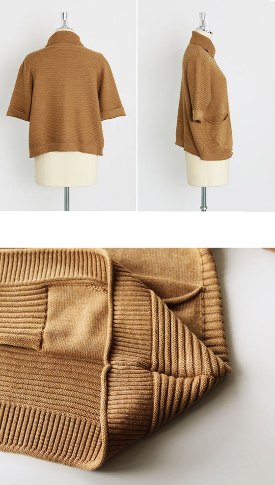 【セール商品返品交換不可】重ね着、着回し、使いやすい。襟付きハーフスリーブニット『キャメル』