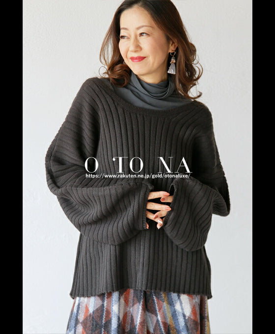 【セール商品返品交換不可】ラフに着て、大人可愛く 袖ぷっくりニット『ブラック』