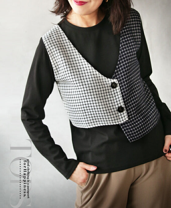 【セール商品返品交換不可】フェイクベスト付 レイヤード風トップス