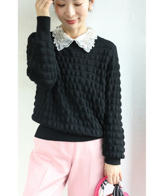 ぽこぽこ浮き立つ立体柄ニットプルオーバートップス