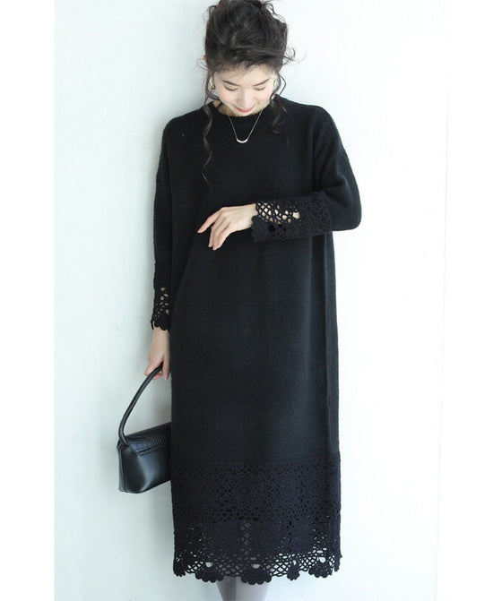 【セール商品返品交換不可】大人が似合うカギ編みレースのニットワンピース
