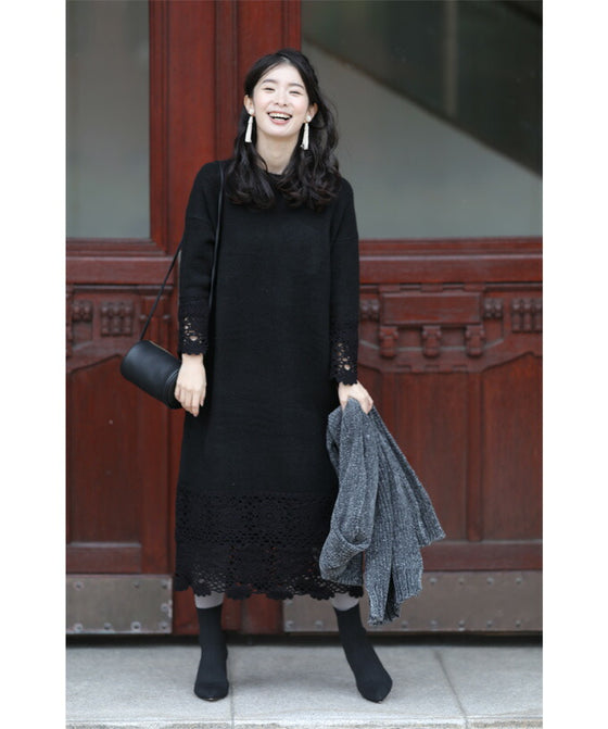 【セール商品返品交換不可】大人が似合うカギ編みレースのニットワンピース