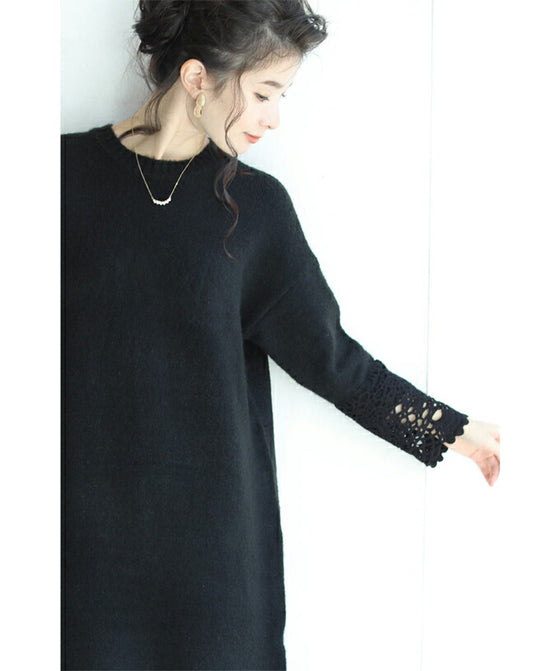 【セール商品返品交換不可】大人が似合うカギ編みレースのニットワンピース