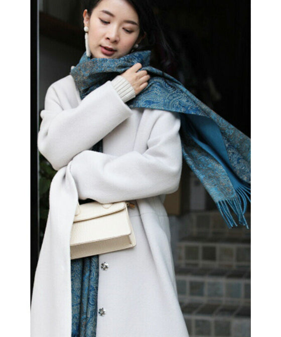 Wear beautiful blue. Reversible damask print stole