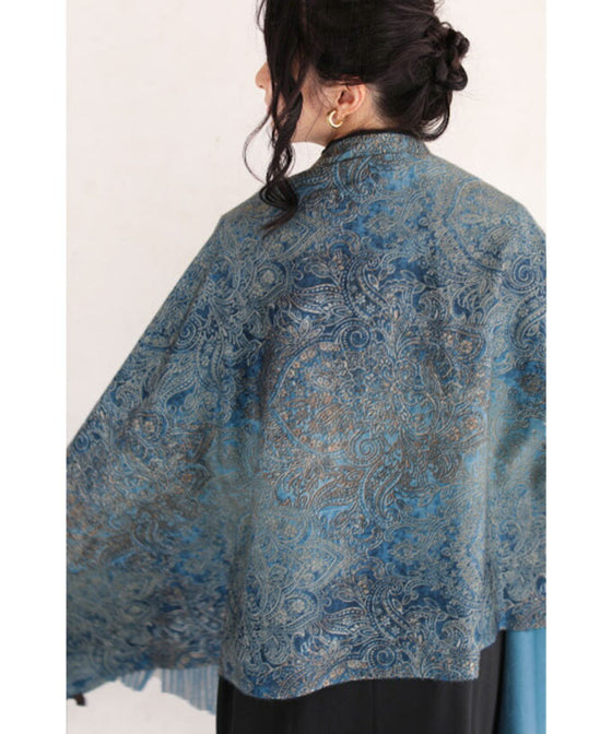 Wear beautiful blue. Reversible damask print stole