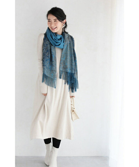 Wear beautiful blue. Reversible damask print stole