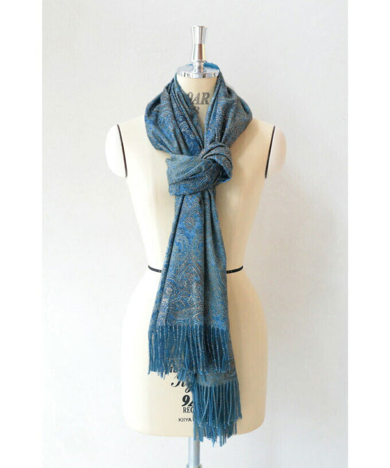 Wear beautiful blue. Reversible damask print stole