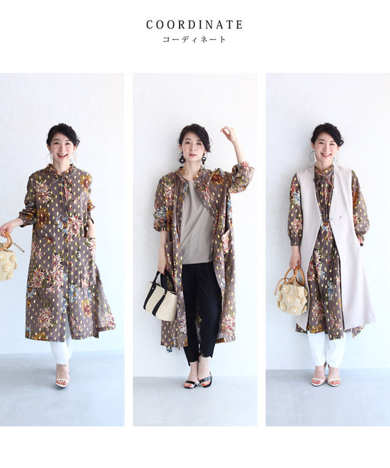 花柄と楕円ドットの合わせ柄ミディアムワンピース