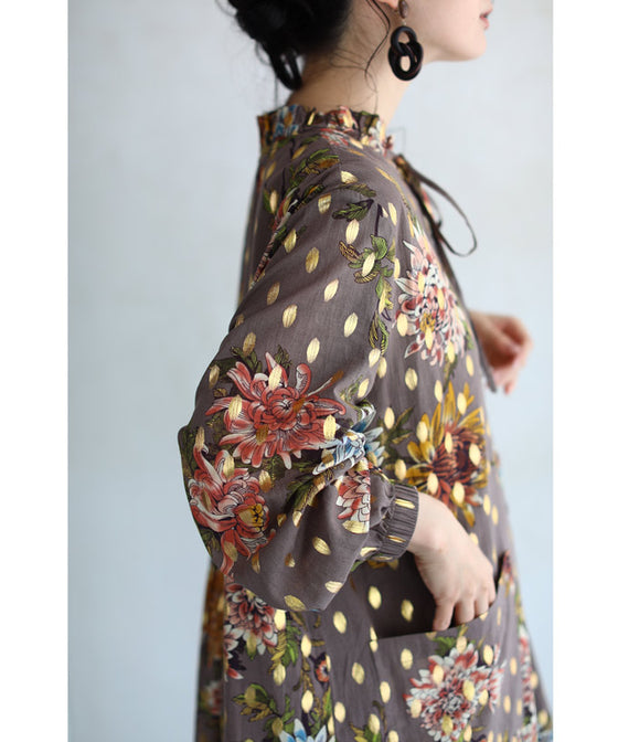 花柄と楕円ドットの合わせ柄ミディアムワンピース