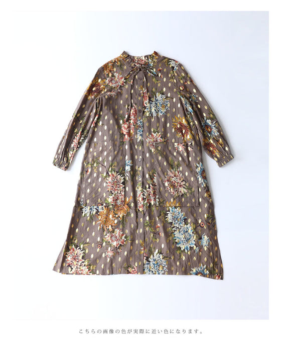 花柄と楕円ドットの合わせ柄ミディアムワンピース