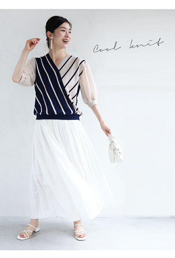 【アウトレット返品交換不可】内向きストライプで細見せ トップス