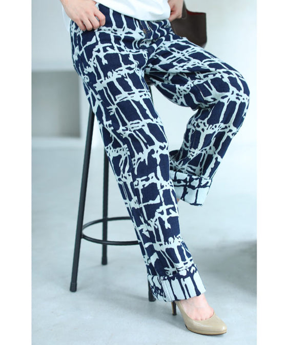 【セール商品返品交換不可】デニム風なアーティスティック柄ジャガード織りパンツ