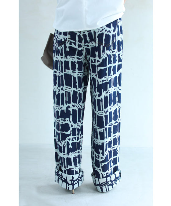 【セール商品返品交換不可】デニム風なアーティスティック柄ジャガード織りパンツ