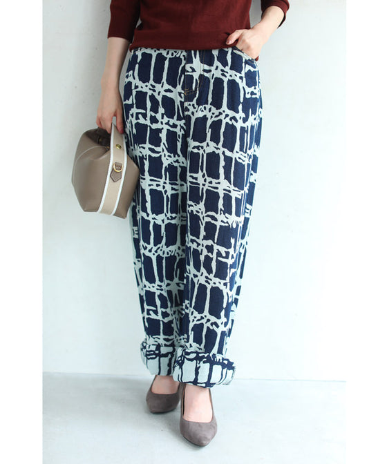 【セール商品返品交換不可】デニム風なアーティスティック柄ジャガード織りパンツ