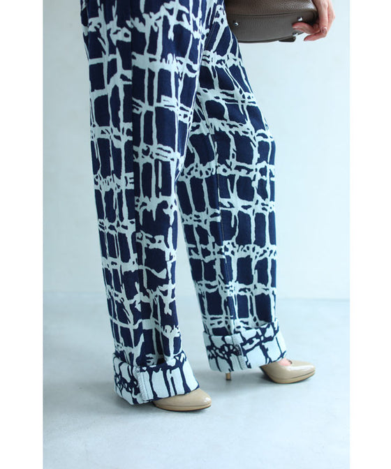 【セール商品返品交換不可】デニム風なアーティスティック柄ジャガード織りパンツ