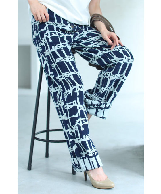 【セール商品返品交換不可】デニム風なアーティスティック柄ジャガード織りパンツ