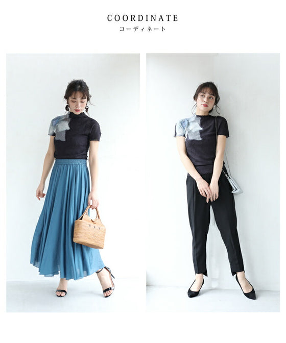 【セール商品返品交換不可】（S~2L対応）（黒）和紙のようなくしゅくしゅ質感の肩花カットソートップス