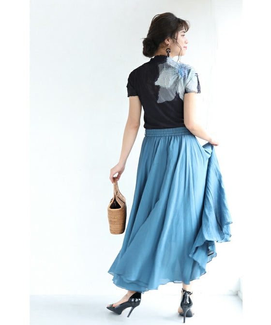 【セール商品返品交換不可】（S~2L対応）（黒）和紙のようなくしゅくしゅ質感の肩花カットソートップス