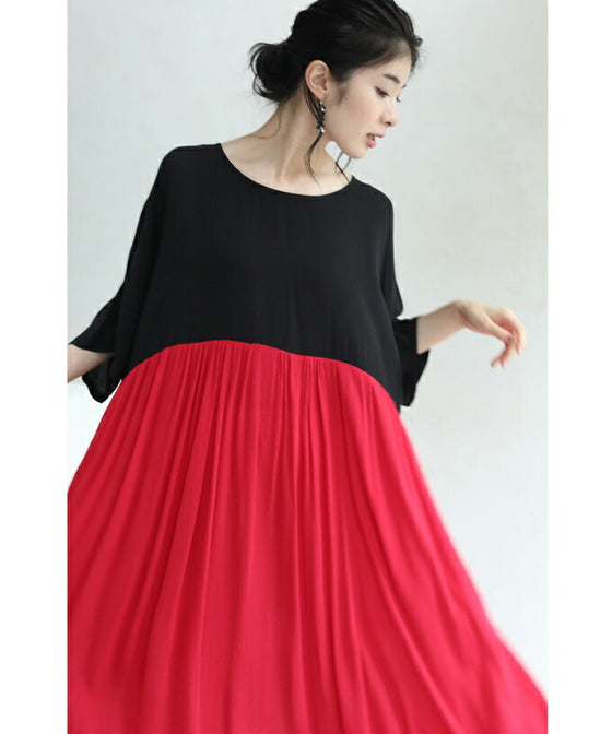 【セール商品返品交換不可】（S~3L対応）（黒）女性を美しく魅せる紅と黒のバイカラーロングワンピース