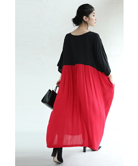 【セール商品返品交換不可】（S~3L対応）（黒）女性を美しく魅せる紅と黒のバイカラーロングワンピース