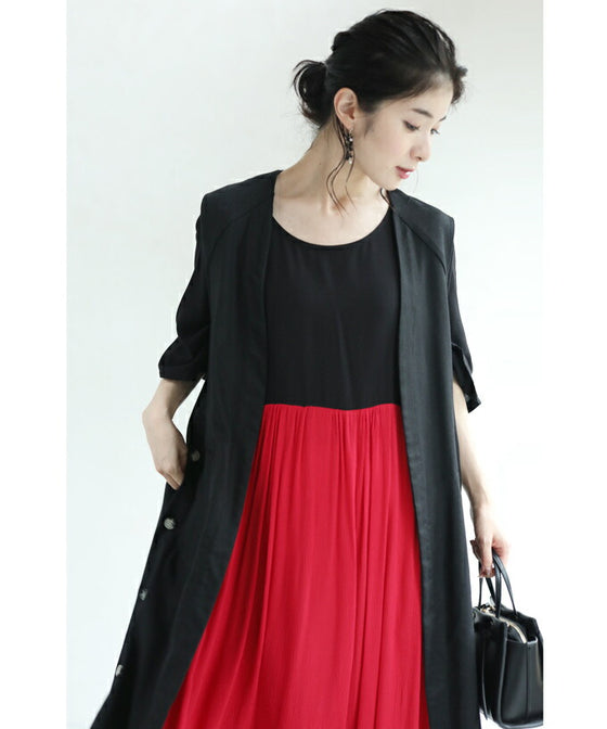 【セール商品返品交換不可】（S~3L対応）（黒）女性を美しく魅せる紅と黒のバイカラーロングワンピース