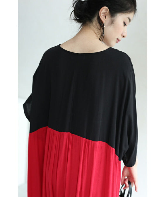 【セール商品返品交換不可】（S~3L対応）（黒）女性を美しく魅せる紅と黒のバイカラーロングワンピース