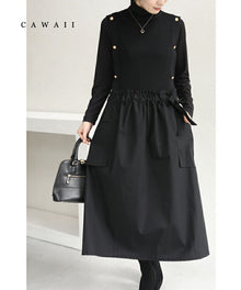  【セール商品返品交換不可】（S~L対応）（黒）リュクスな金ボタンの異素材合わせミディアムワンピース