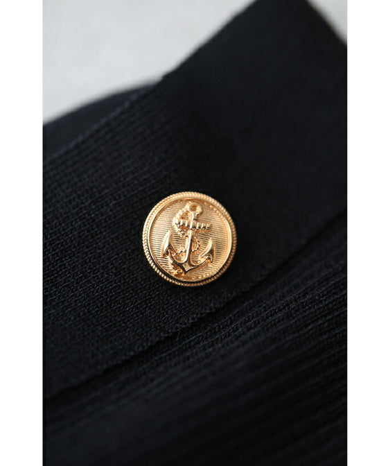 【セール商品返品交換不可】（S~L対応）（黒）リュクスな金ボタンの異素材合わせミディアムワンピース