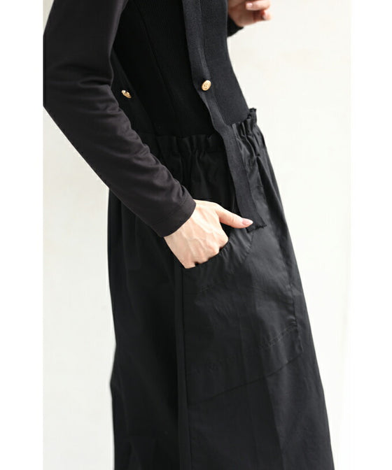 【セール商品返品交換不可】（S~L対応）（黒）リュクスな金ボタンの異素材合わせミディアムワンピース