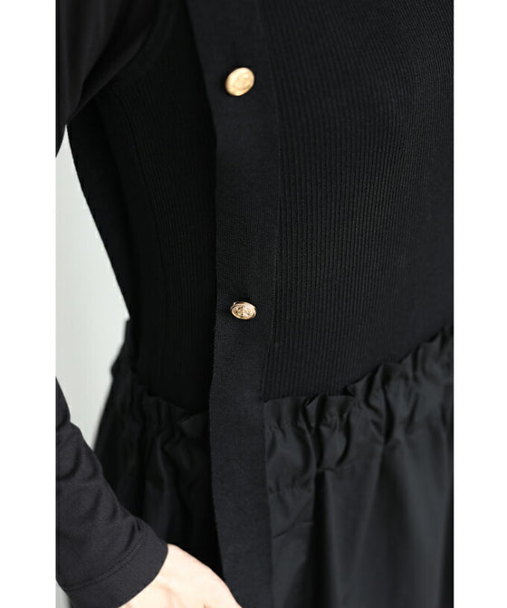 【セール商品返品交換不可】（S~L対応）（黒）リュクスな金ボタンの異素材合わせミディアムワンピース